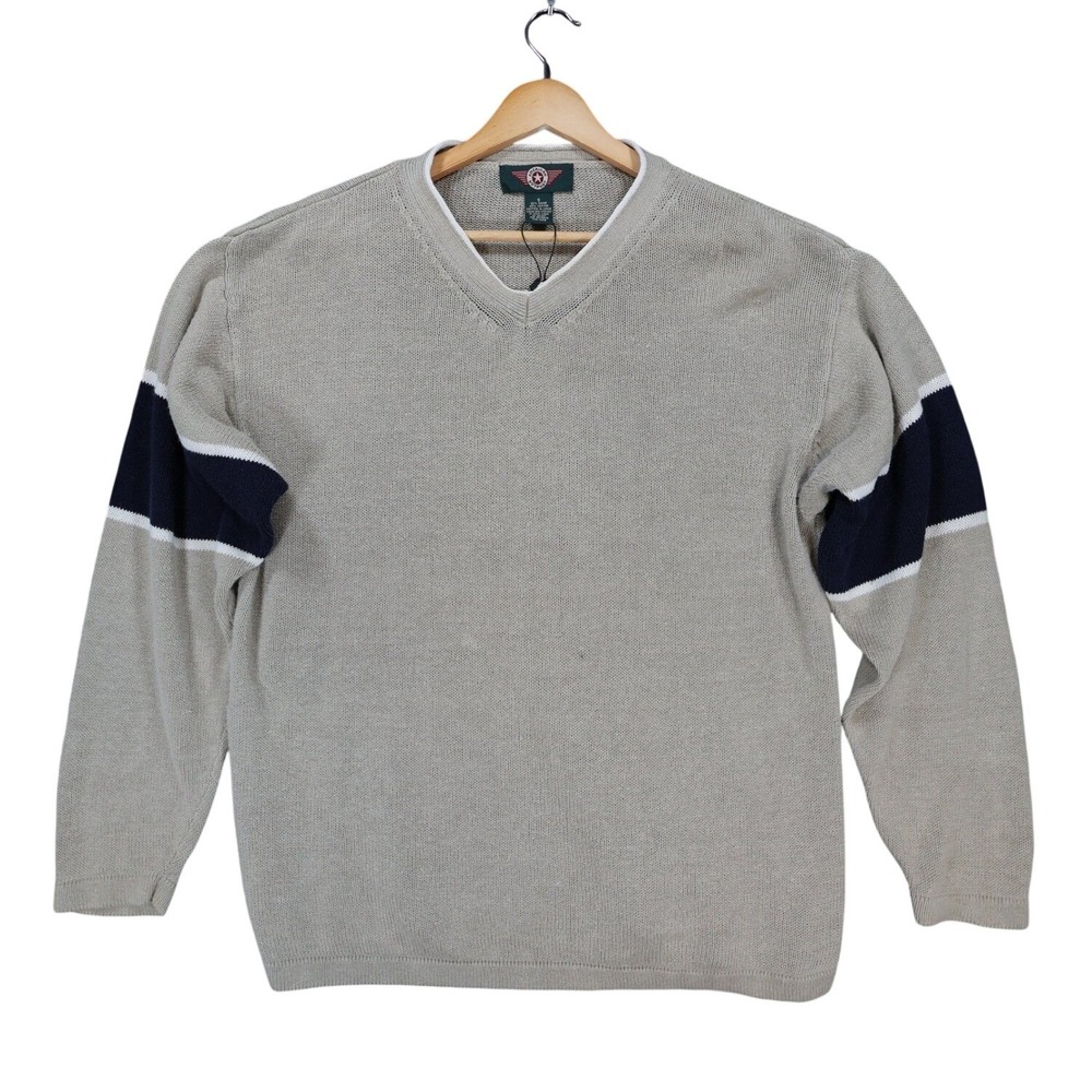 American Outpost Sweater Mens S Beige Vintage V-Neck Striped Sleeves